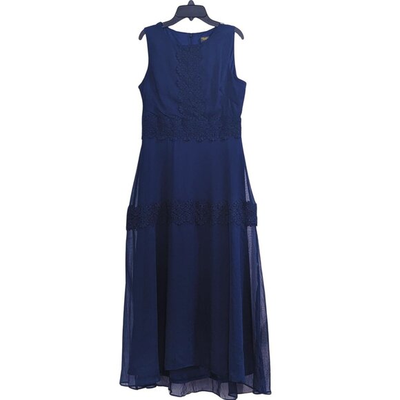 Taylor Navy Blue Lace Chiffon Midi Dress Size 8 Wedding Guest - Picture 2 of 5